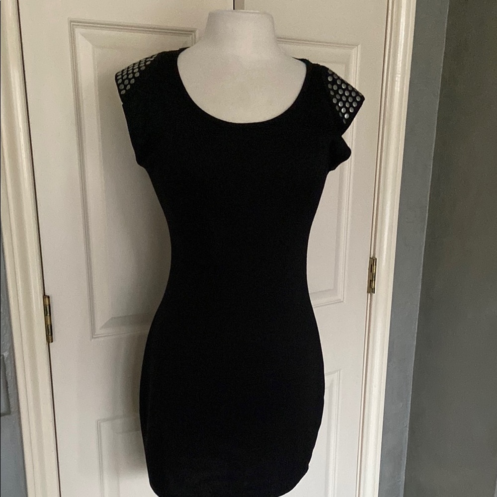 Amber Blue Elegant Black Dress with Shoulder metal studs